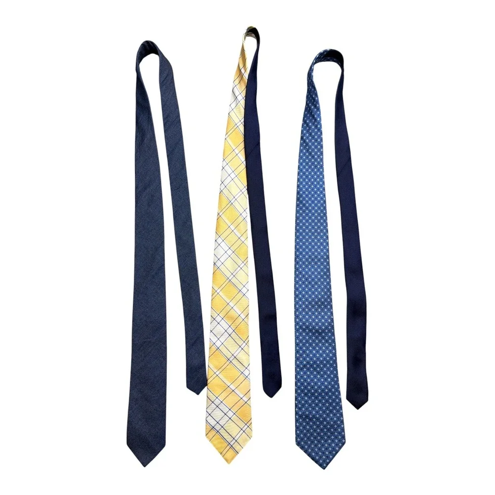Tommy Hilfiger Mens Necktie Bundle Set of 3 Plaid Geometric Solid Blue Yellow